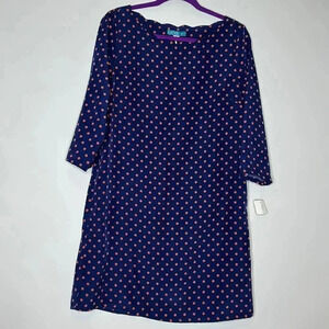 Pim & Larkin Dress Womens M Scallop Neck 3/4 Sleeve Shift Blue Red Polka Dot